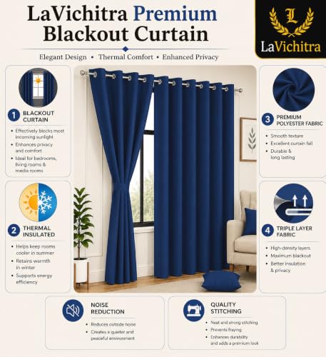 Image of LaVichitra 2 Pieces Solid Premium Blackout Curtains - Thermal Insulated, 3 Layered, 100% Opaque Window - 4 feet, Navy Blue