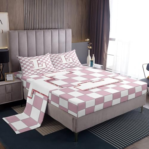 Image of Erosebridal Pink Initial L Bed Sheets King Kawaii Plaid Checkered Sheet Set Cute Personalized Monogram Bedding Set for Kids Girls Teen Women,Fashion Grids Gingham Fitted Flat Sheets 4 Piece