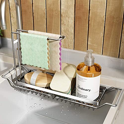BEENLE Kitchen Sink Caddy Sponge Holder, 304 Stainless Steel Kitchen Sink Organizer for Dish Brush Soap Scrubber, Quick Draining (Light Silver)