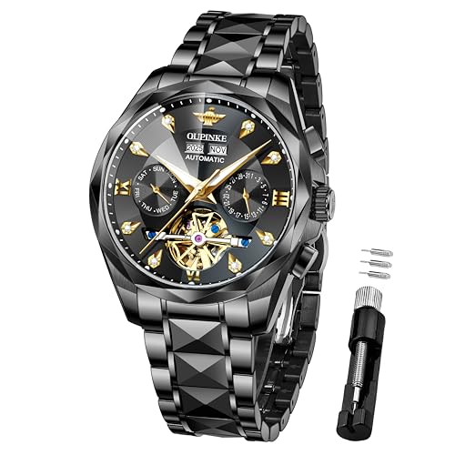 OUPINKE Men’s Watches Automatic Self-Winding Luxury Diamond Mirror Skeleton Mechanical Watch Date Dress Business Tungsten Steel Waterproof Luminous Wrist Watches for Men