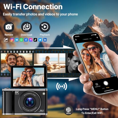 Digitalkamera 8K 96MP mit WLAN, 20X Digitalzoom, Autofokus-Fotokamera mit Anti-Shake, 3… – Ansicht 5