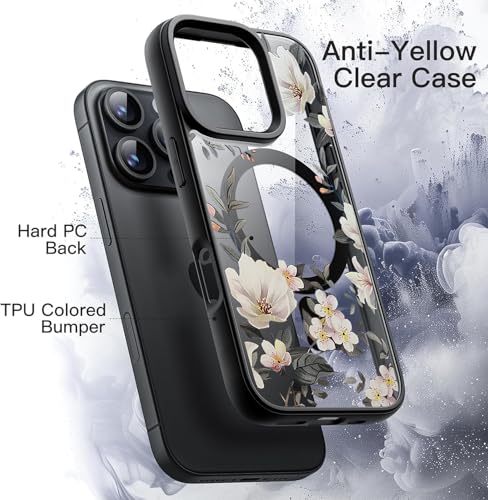 Image of VONZEE Compatible with iPhone 15 Pro Case Luxury Retro Flowers Floral Clear for Magnetic Wireless Charging Case Shockproof Case PC+TPU Cute Glossy Shiny Cover for Girls Women, 6.1'' Black