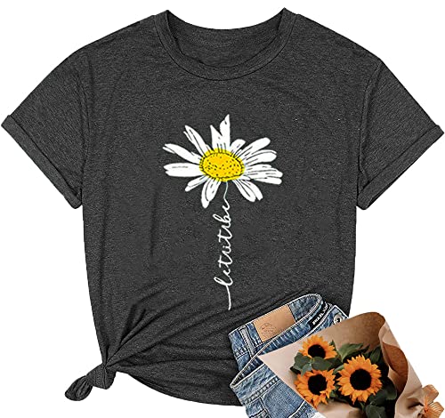 Women Daisy Sunflower Shirts Workout Tops Cute Graphic Let It Be Printed Flower Relaxed Athletic Holiday Tee, Grey 2XL Women Daisy Sunflower Shirts Workout Tops Cute Graphic Let It Be Printed Flower Relaxed Athletic Holiday Tee, Grey 2XL