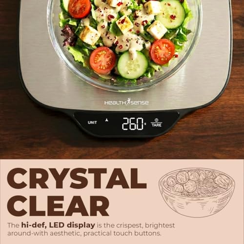 Image of HealthSense Weighing Machine for Food | Digital kitchen weight scale with 15 kg Capacity, Stainless Steel Platform, 1 g Accuracy, Large LED Display, Touch Control, Auto-Off, 1 Year Warranty KS90