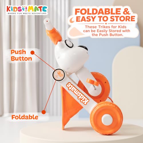 Image of Kidsmate Teddy Musical Tricycle for Kids 18-36 Months | Foldable Design with LED Lights on Handlebar | Baby Trike for Boys & Girls, Upto 18kg (Orange & White)