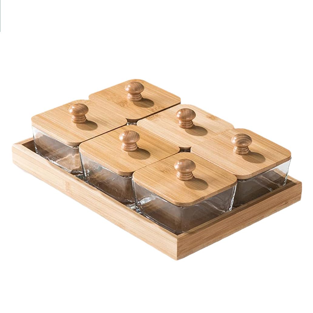 DECAKE Bamboo Divided Fruit Tray With Lid,Wooden Serving Lid,Square Snack Tray,Snack Organizer Platter For Parties,Candy Storage Box 4,6