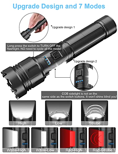 Led Tactical Flashlight Magnetic, 10000 High Lumens Usb C Rechargeable Flashlights 3000 Capacity Phone Charger 2 In 1-Cob Flash Light/Waterproof/Bright Flashlights For Emergencies Camping 6.92In,2Pack #TOP3