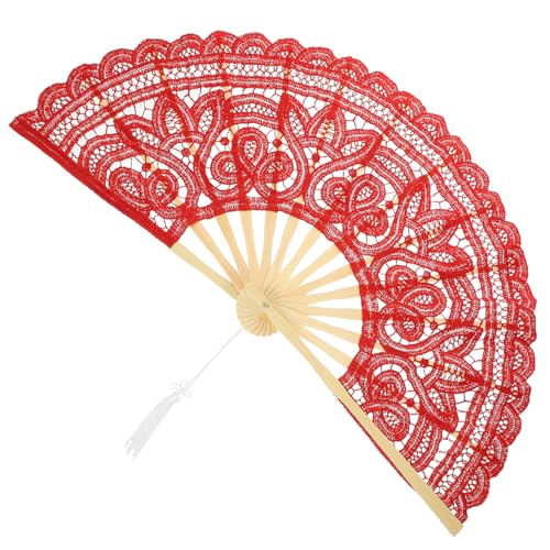 ULTECHNOVO Abanico Plegable de Mano Vintage Encaje Rojo y Estructura de Bambú para Bodas, Fiestas y Cosplay, Abanico Decorativo y Portátil para Mujeres, Accesorio Elegante para Ocasiones