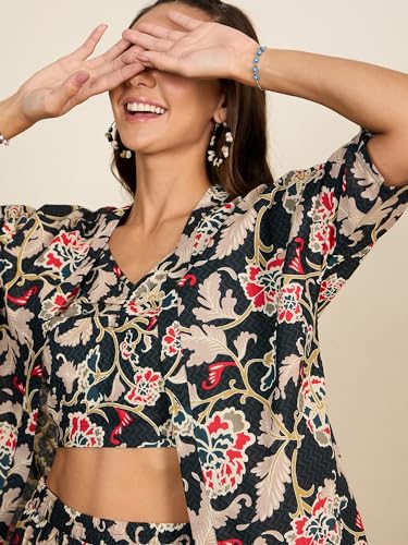 Image of WineRed Cotton Woman Beige 3Pcs Coord Set With Shorts, Floral