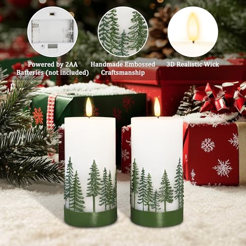 Image of Holiday Flameless Candles Green Hand Drawn Christmas Tree Design with Remote Control, Flickering Real Wax Christmas LED Candles - Home Party Bathroom Room Xmas Decorations - Set of 2