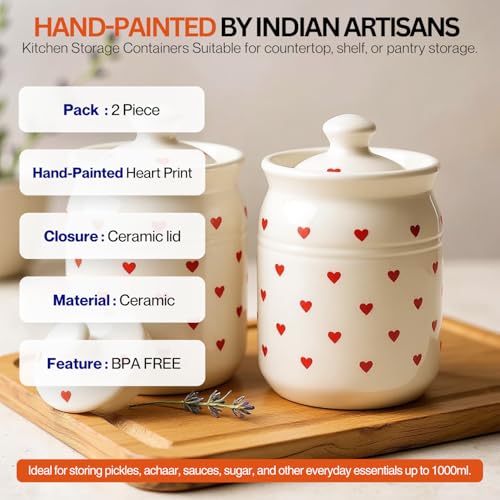 Image of Heart Print Ceramic Handglazed Pickle Jars Set of 2-1000 ML Each | 1 kg Achaar Martban Barni Jar with Lid | Ceramic Storage Jar Container Pickle /Achar, Chatney