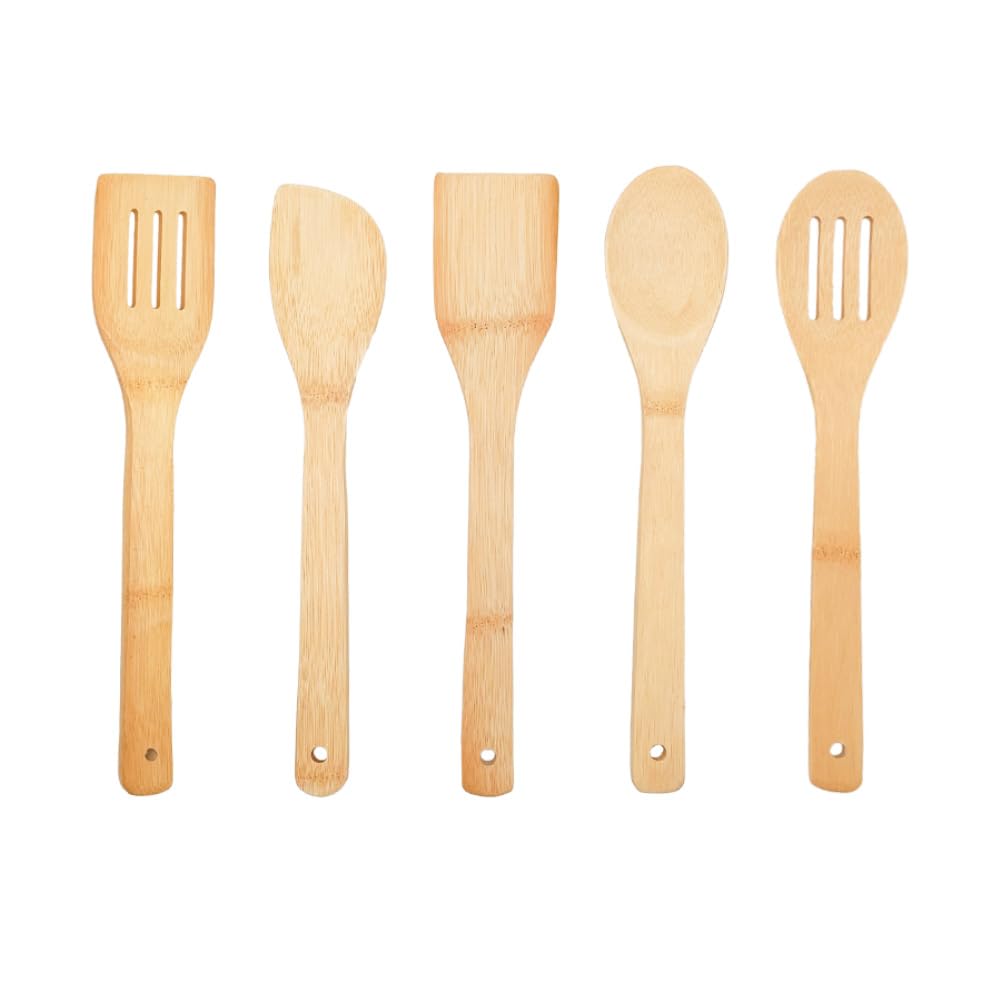 5PCS Wooden Kitchen Utensils for Non-Stick Cookware Tool Set Complete Set of Accessories Bamboo 30CM Spoon Spatula Turner Non-Toxic Deformable Durable Ergonomic Design