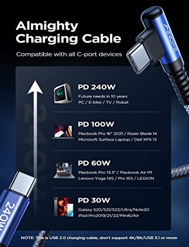Image of AINOPE 240W USB C to USB C Cable 6.6ft 2Pack USB C to USB C Fast Charging Cable, Right Angle USB C Charger Cable for iPhone16 Charger Cord, MacBook Pro, iPad Pro /Air, Samsung,Blue