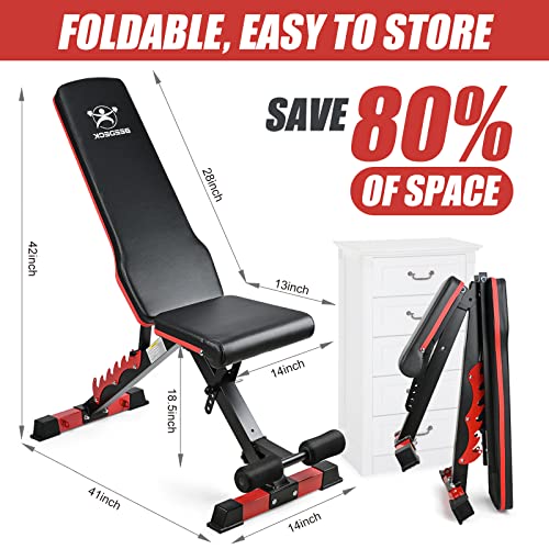 BEEDECK Adjustable Weight Bench 800Lbs Capacity, Incline Decline Weight Lifting Workout Bench Home Gym, Multi-Position Utility Bench for Full Body Workout, Folding Dumbbells Bench with Elastic Ropes