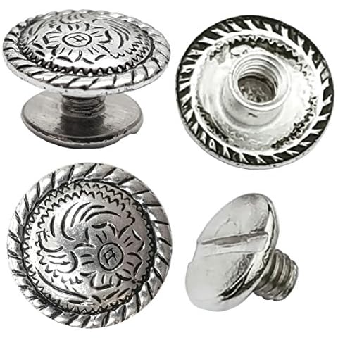 10 Pack 1/2" Antiqued Silver Engraved Concho 1/4" Chicago Screws Nickel Cover