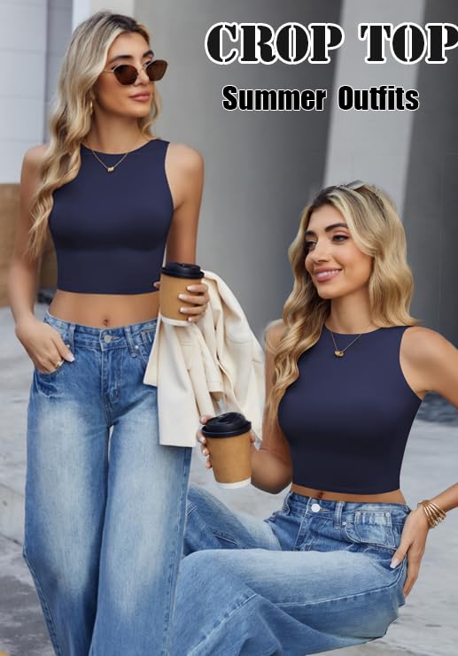 Image of Avidlove Crop Tops for Women Crew Neck Basic Tank Sexy Double Lined Seamless Crop Going Out Summer Tops
