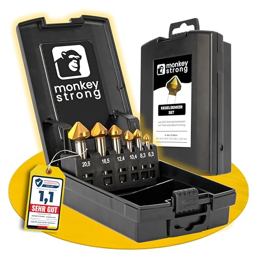 monkeystrong Kegelsenker Set - richtig scharf - 90° Ø 6,3-20,5 mm HSS TiN - Senker und Entgrater für Holz, Metall, Stahl, Kunststoff