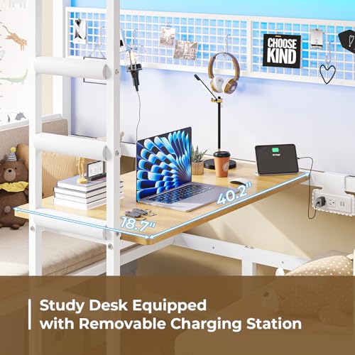 image for DICTAC Twin Size Loft Bed with Desk and Charging Station Convertible T