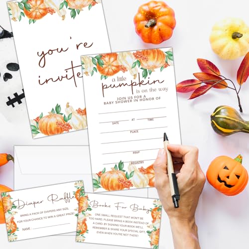 Deluxe Baby Shower Invitations 25 Sets, A Little Pumpkin Is On The Way, Pumpkin for Halloween, Party Invites Cards with Book Cards Diaper Raffle Tickets and Envelopes -04 — view 5