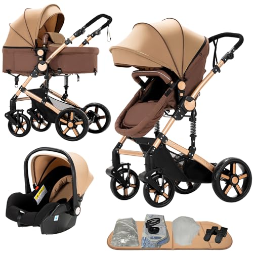 Nine point nine Carrito Bebe 3 en 1, Carricoche Bebe 3 Piezas con Capazo Grande Cómodo, Carro Bebe 3 Piezas Empuje Bidireccional Reversible, Cochecito Bebe Marco de Aleación Aluminio (588 Khaki)