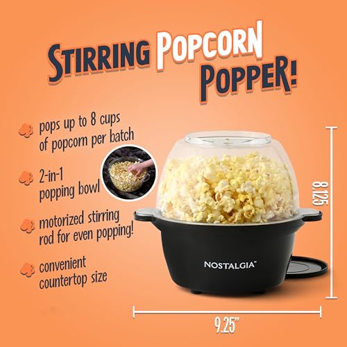 Nostalgia Classic Electric Stirring Popcorn Maker, Makes 8 Cups, Large Lid Doubles as Serving Bowl, Quick Heat Technology, for Kettle Corn and Roasted Nuts, Black - image 2