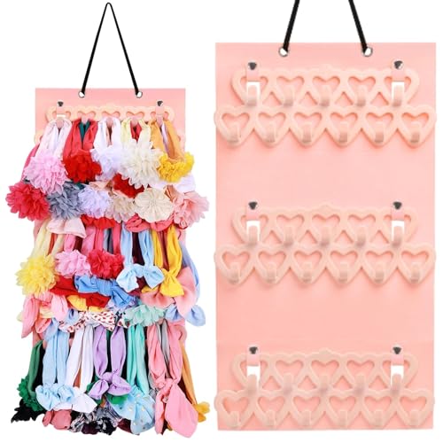 Image of Vimiv Headbands Holder for Baby Girls, Baby Hair Bows Organizer with 3 Rows of Heart-Shape Velvet Hangers, Baby Headbands Hair Accessories Storage Hanging Display Stand for Door, Wall, Clos, Soft Pink