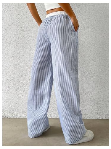 OYOANGLE Women's Stripe Print Drawstring High Waist Pants Casual Wide Leg Trousers with Pockets2