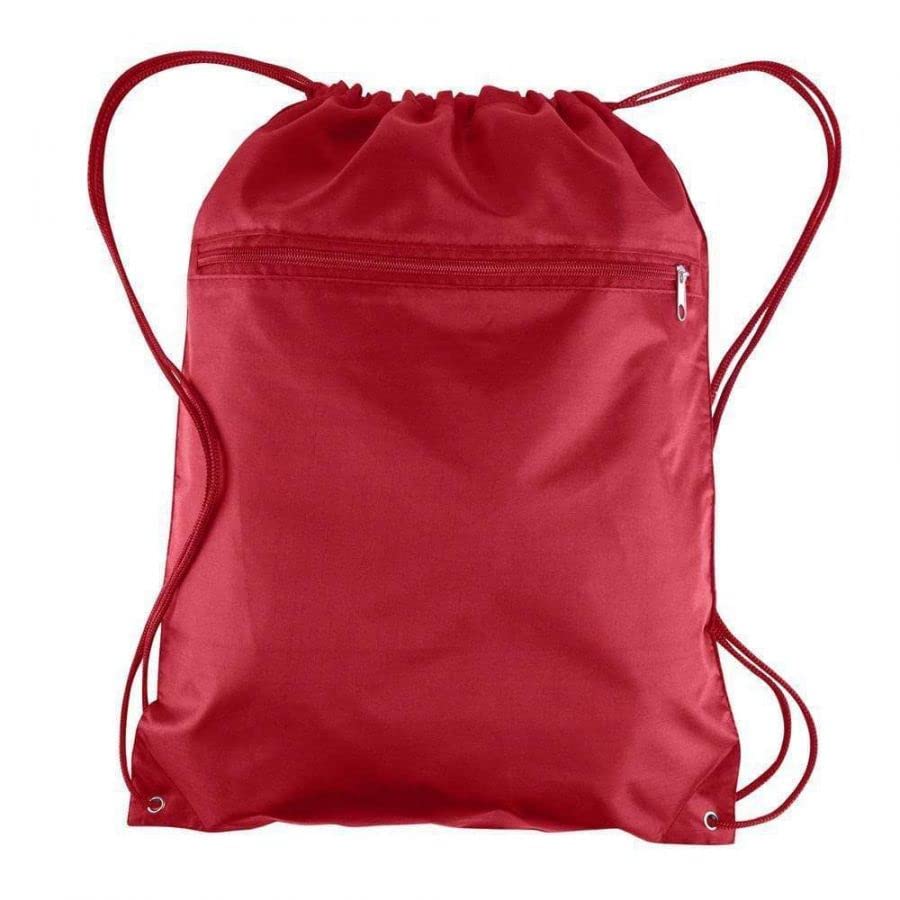 TBF (12 Pack) Set of 12 Durable Polyester Drawstring Backpack Bags with Front Zipper Pocket 15" W x 18" H (Red)