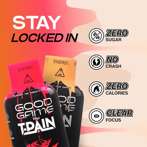 Image of Nappy Boy Dranks Good Game by T-Pain Energy Shot, 2oz (6 Pack), Sugar-Free, Zero Calorie Focus Drink with 200mg Caffeine and B-Vitamins (B3, B6, B12) - Clean, No-Crash Energy Boost, 3 Orange Vanilla Vortex + 3 Strawberry Surge