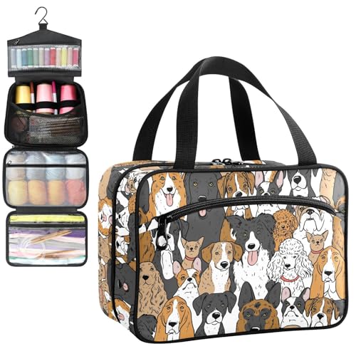 YNNALE Sewing Supply Organizer Bag, Cute Dog German Shepherd Poodle Dogs Portable Sewing Bags with Pockets&Hanger, Sewing Storage Box Case for Sew Supplies/Kit/Tools/Accessories (BAG ONLY)