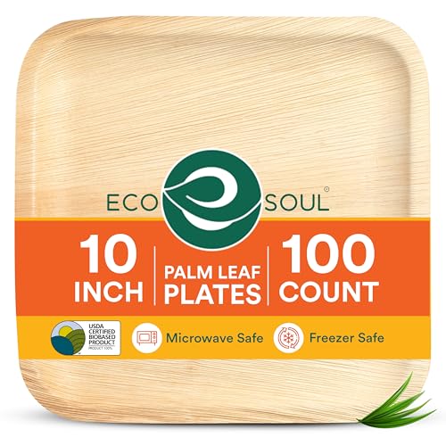 ECO SOUL 10 Inch Disposable Palm Leaf Plates [100 Pack]