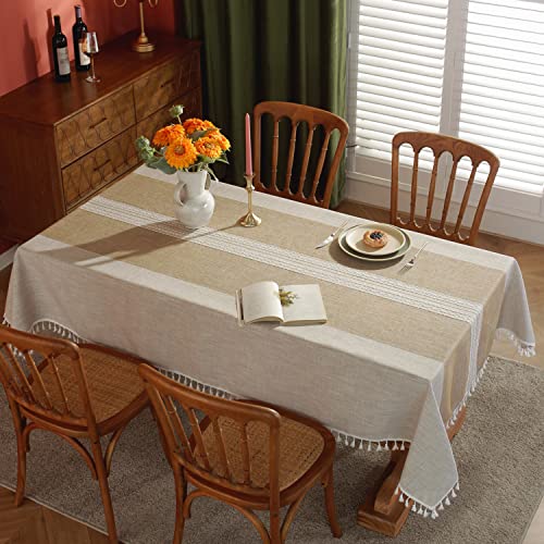 Image of Laolitou Tablecloths,Stitching Tassel Table Cloth,Cotton Linens Wrinkle Free Table Cover Decoration for Kitchen Dinning Party Coffee Stripes Square,55''x55'',4 Seats