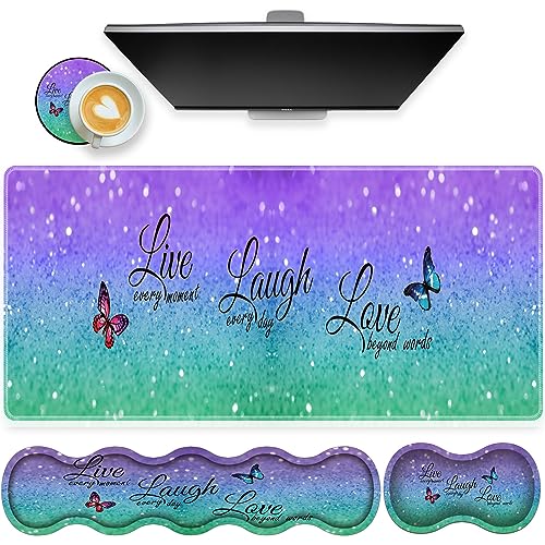Large Gaming Mouse Pad, Keyboard Wrist Rest + Mouse Wrist Pad + Coaster Combination Set, Memory Sponge Non-Slip Base. Suitable for Office and Home, Live Laugh Love