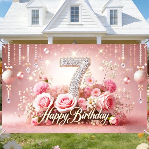 Image of Nuxovilar 7th Birthday Banner - Elegant Pink & Gold Floral Backdrop