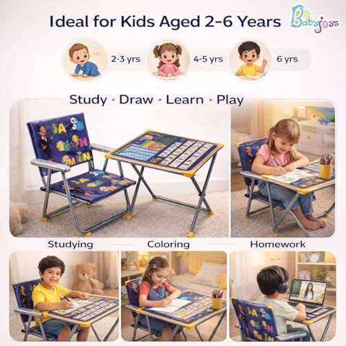 Image of Ultimate Kids Study Table and Chair Set | Foldable Metal Frame Study Desk for Kids | Portable Table Chair for Study, Homework, Drawing & Learning | Strong Children Desk (Blue)
