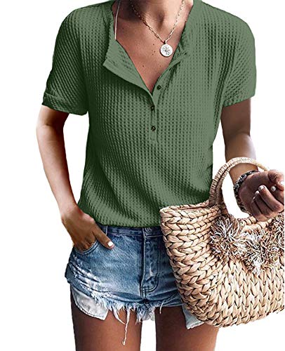 Womens Shirts Short Sleeve Casual V Neck Button Down Waffle Knit Summer Tops