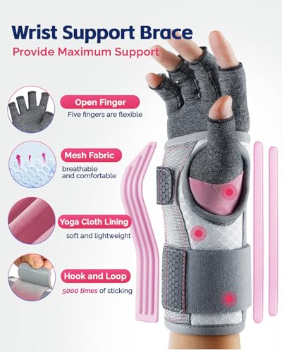 Image of FEATOL Compression Arthritis Glove with Wrist Brace, Comfortable Fingerless Carpal Tunnel Hand Gloves for Women Night Support, Pain Relief for Rheumatoid Arthritis, Work, Typing - Right Hand, Small