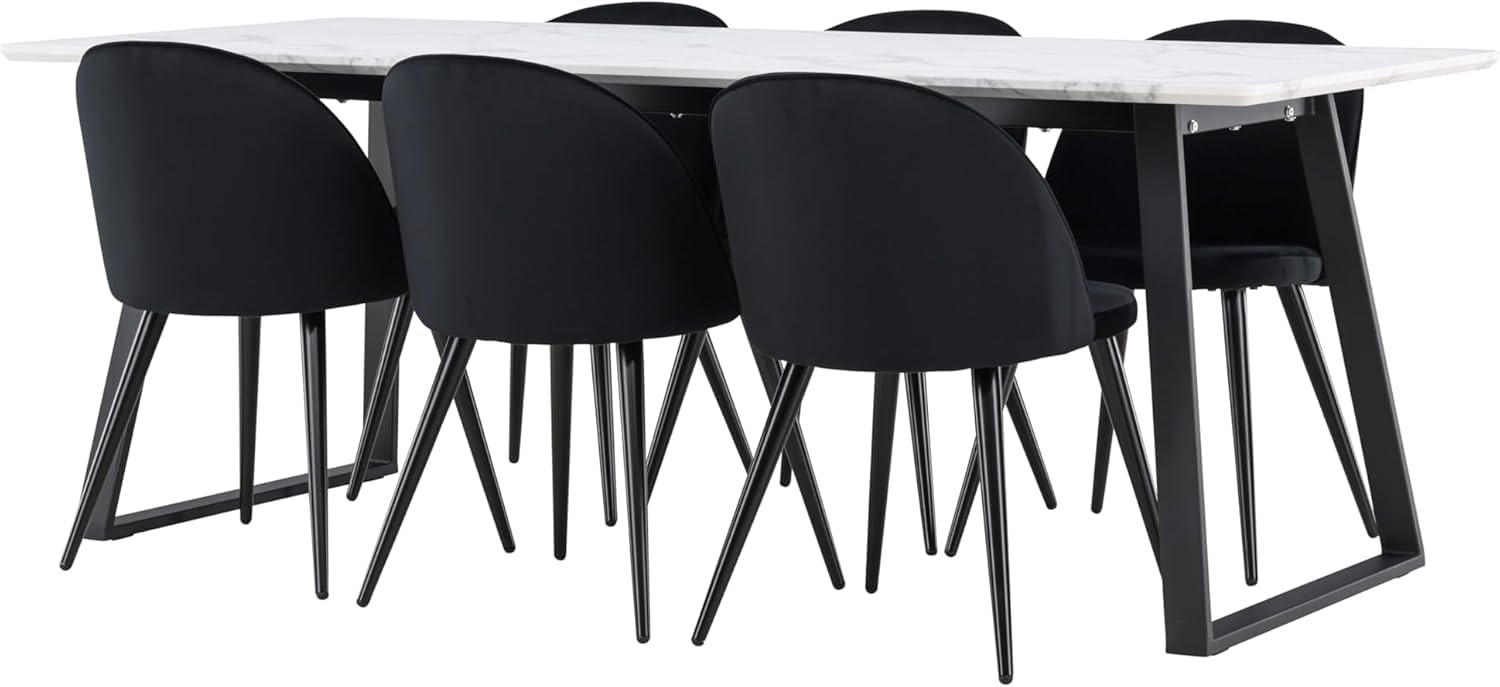 Essgruppe mit 6 Stühlen - Malaga Esstisch 90x200 cm Weiß mit 6 Skagen Stühlen Schwarz Velours skandinavisch Esszimmerset Tischgruppe 6 Personen Skandi Design Essbereich