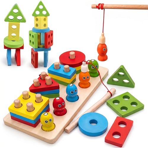 Image of 3 in 1 Wooden Fishing, Shape Sorting & Stacking Toy | Montessori Magnetic Fish Catching Game | Brain Development & Fine Motor Skills for Kids 1-5 Years