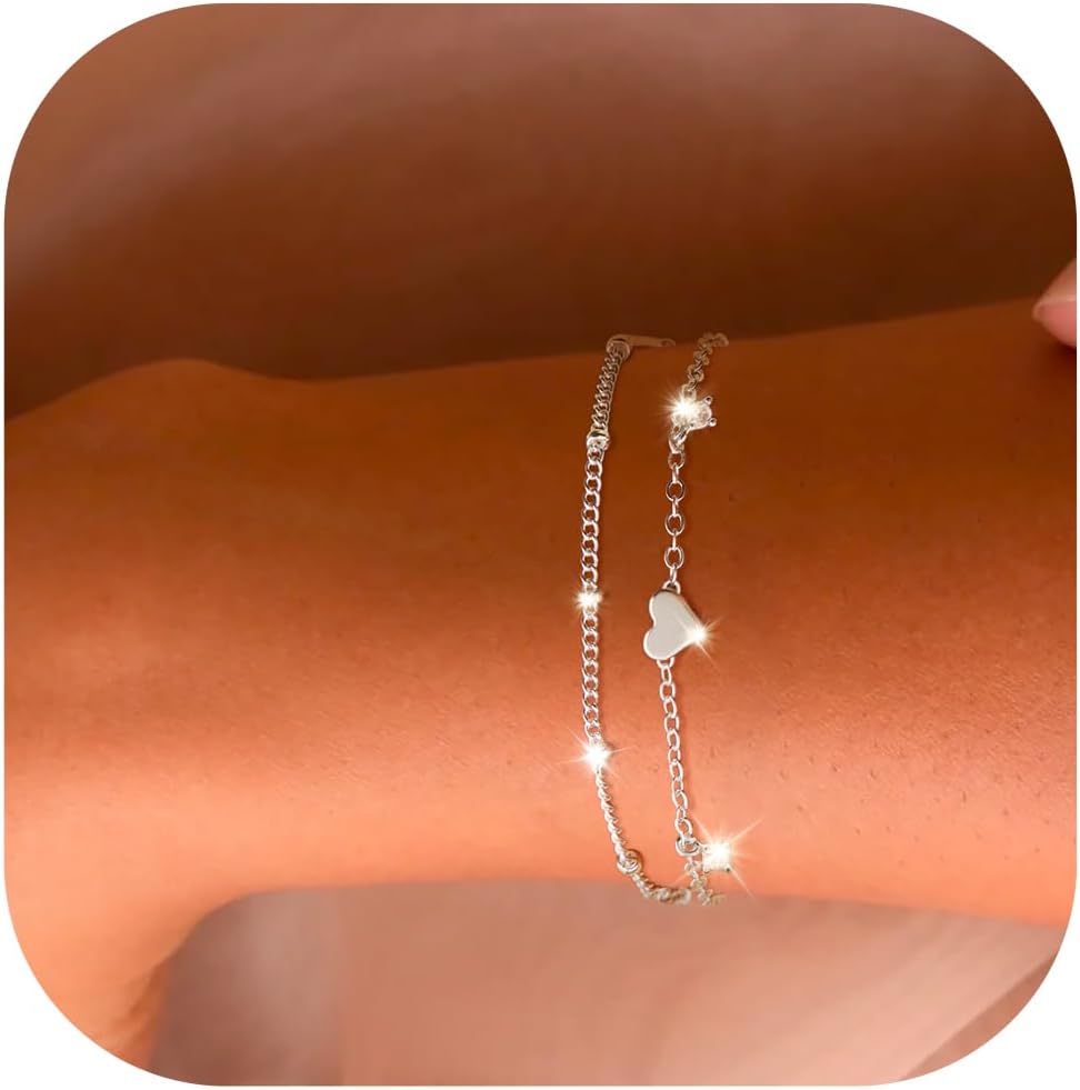 PoxtexHeart Gold Layered Bracelets for Women, 14K Gold Waterproof Adjustable Dainty Zircon Gemstone Multilayer Bracelets for Women Trendy, Cute Bracelets for Teen Girl, Fashion Jewelry Bracelets