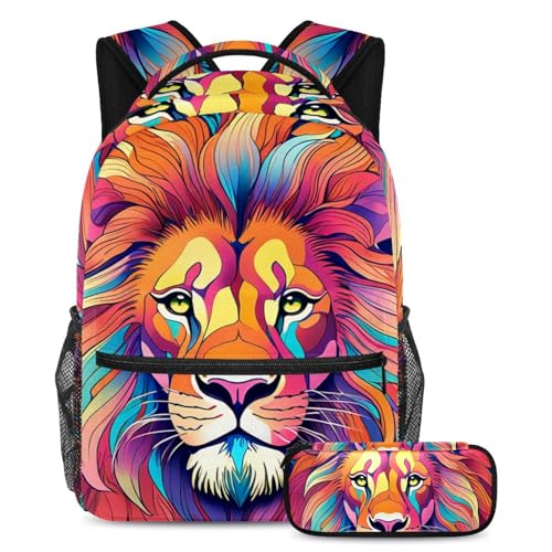 Sac à dos fille et garçon à motif lion coloré, cartable ado tendance de 40cm