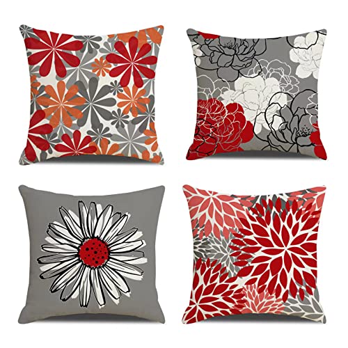 Lot de 4 taies d'oreiller 40 x 40 cm de coussin carré décoratif floral moderne taie d'oreiller de marguerite gris décoratif pour coussin floral pour...