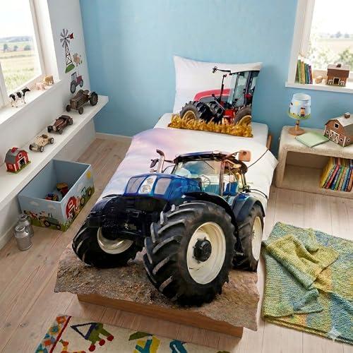 Familando Traktor Mähdrescher Bettwäsche-Set 135x200 80x80 cm Bauernhof Kinder-Bettwäsche für Jungen mit Reißverschluss aus 100% Baumwolle