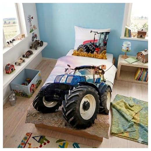 Familando Traktor Mähdrescher Bettwäsche-Set 135x200 80x80 cm Bauernhof Kinder-Bettwäsche für Jungen mit Reißverschluss aus 100% Baumwolle