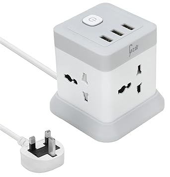 Gzar Cube Power Strip Tower, 4 Outlet & 3 USB Ports, 5ft Extension Cable, Surge Protector, Compact Portable Multiple Charging Station for Home, Office, Travel -