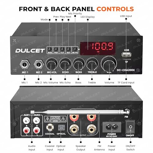 Image of Dulcet DC-CDA200X Hi-Fi Class-D 200W Dual Channel Stereo Amplifier | Bluetooth, USB, TF Card, FM, AUX, RCA, Mic, Optical & Coaxial Input | Mic & Echo Control | Built-in Equalizer | Big LED Display
