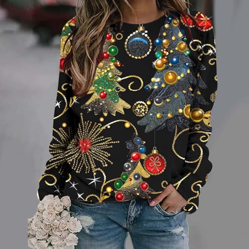 Christmas Sweatshirt for Women Crewneck Long Sleeve Glitter Xmas Tree Print Pullover Top Loose Casual Ugly Xmas Shirt2