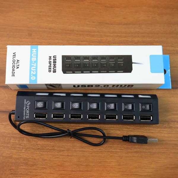 Image of USB Splitter Multi-Port USB 2.0 Hub | 7-Port Data Hub with Individual On /Off Switches and LED Indicators | USB A Expansion Adapter for PC Laptop Keyboard, Mouse Flash Drive Mobile and More