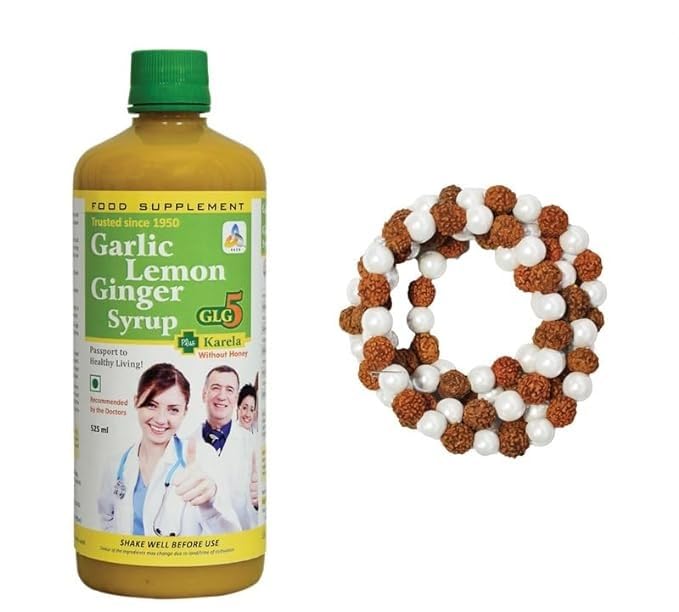SKSB GLG5+ Karela Syrup made up of Garlic, Lemon, Ginger, Karela (Bitter Gourd), Turmeric & American Apple Cider Vinegar 525ml each with one No. Rudraksh Magnetic Mala Necklace for BP-image-28
