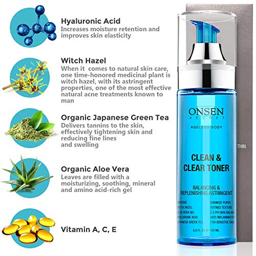 Onsen Japanese Clean & Clear Face Toner - Daily Perfecting & Revitalizing Toner with Witch Hazel, Aloe Vera, and Japanese Natural Hot Spring Minerals, Alcohol-Free, Skin Care Toner for Face, 6.5 oz - Thumbnail 3